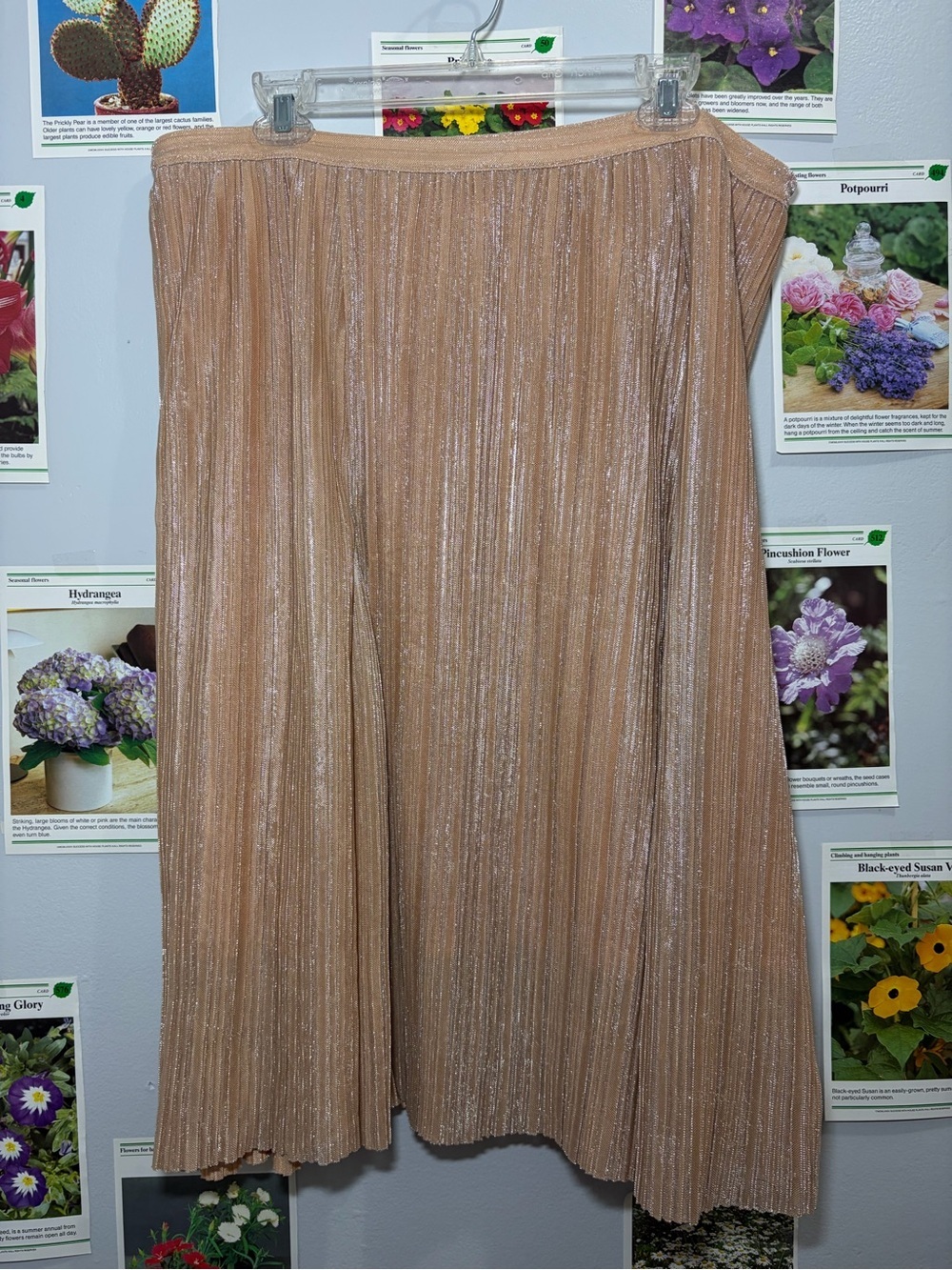 Maeve Pleated Metallic Midi Skirt in Nude Beige